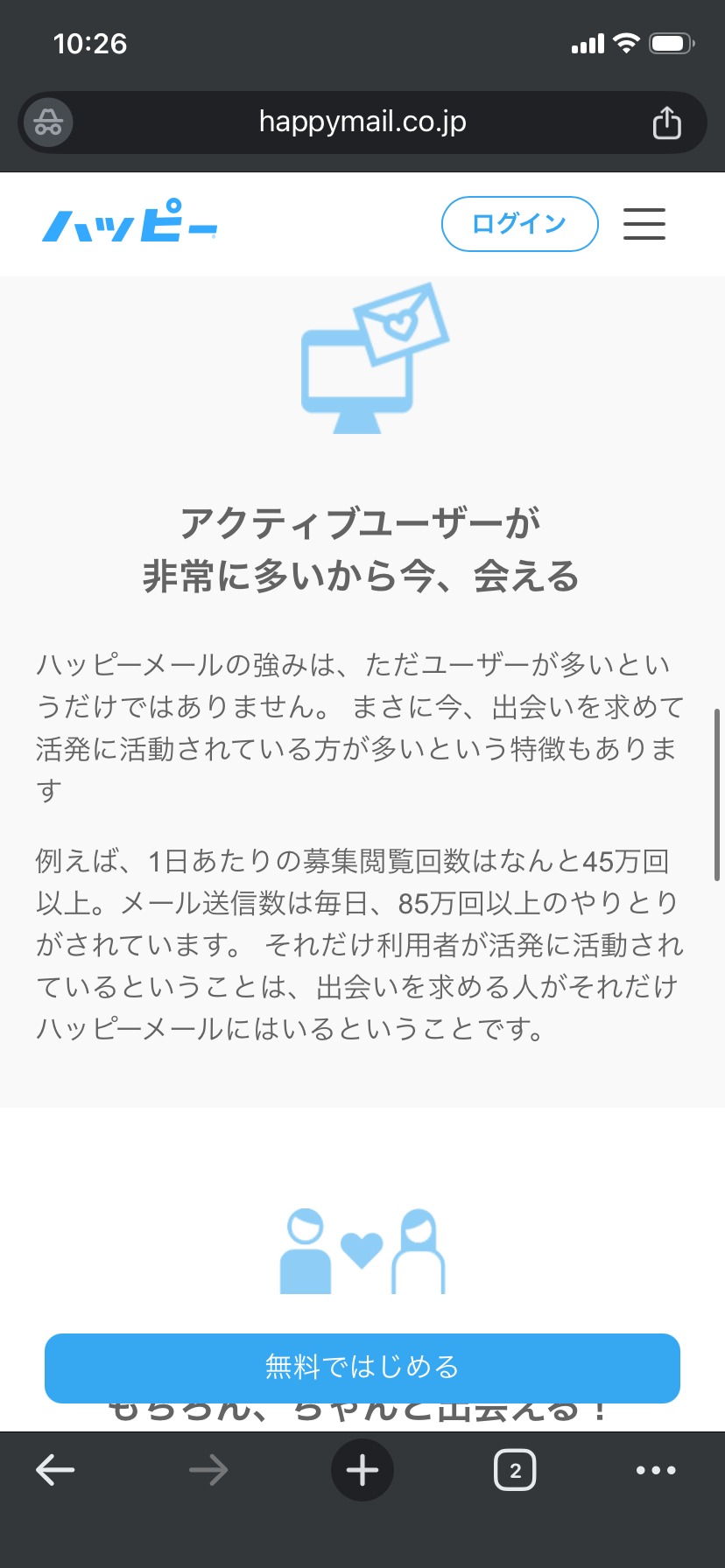 ハッピーメール公式サイトのアクティブユーザー数の記載（1日の募集閲覧45万回以上）