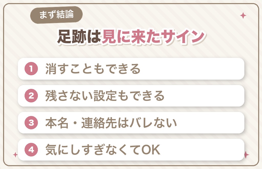 結論|ハッピーメールの足跡(足あと)は「見に来たサイン」・消すことも残さないこともできる