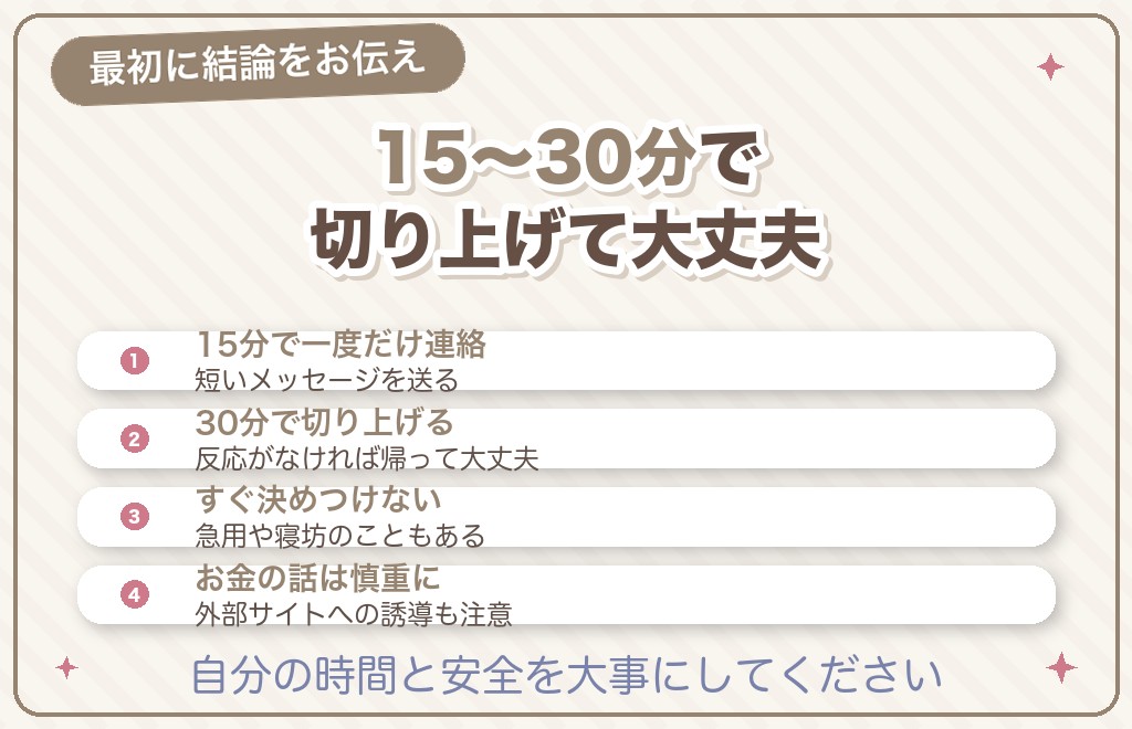 結論｜ハッピーメール（ハピメ）でドタキャンされたら15〜30分で切り上げてOK