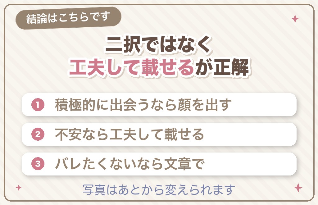 結論｜ハッピーメール（ハピメ）の顔写真は「工夫して載せる」が正解