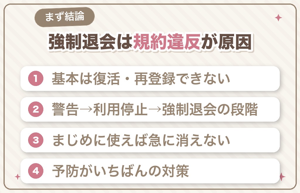 結論｜ハッピーメールの強制退会（利用停止）は規約違反が原因・基本は復活できない