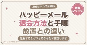 ハッピーメール（ハピメ）の退会方法は？手順・退会するとどうなるか・放置との違いを解説【2026年8月版】